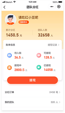 團(tuán)隊(duì)分紅主頁(yè)面